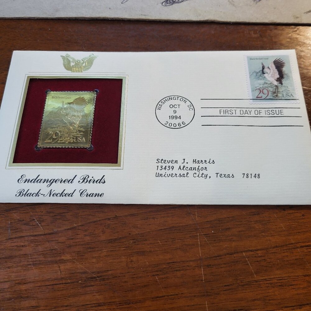 GOLD PLATED REPLICA ENDANERED BIRDS BLACK-NECKED CRANE/9 1934 PARKS ENVELOPES/ST